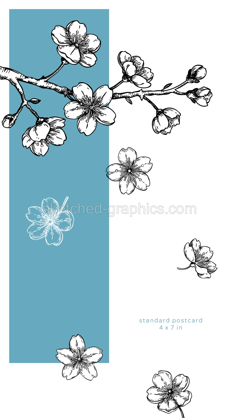 Japanese style invitation design. Spring hand-drawn vector illustration. Sakura, cherry blossom sketches. Greeing card template. NOT AI genereted Illustration